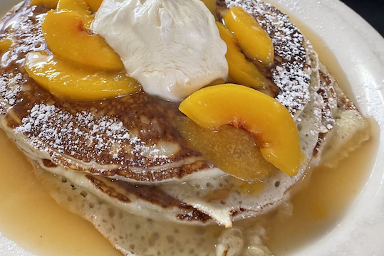 Walnut Ricotta Pancakes w/ Peach Compote and Whipped Honey Creamcheese